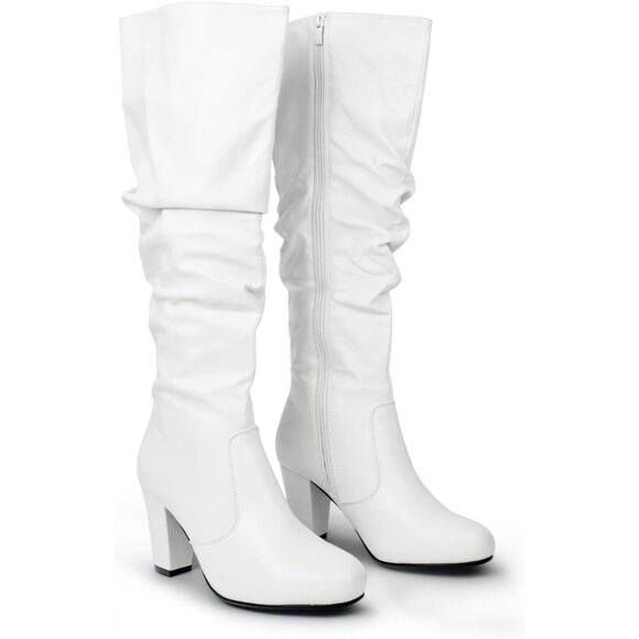 Women's White Knee High Boots Side Zip closure Chunky Heels Fall Winter Booties - Picture 5 of 5
